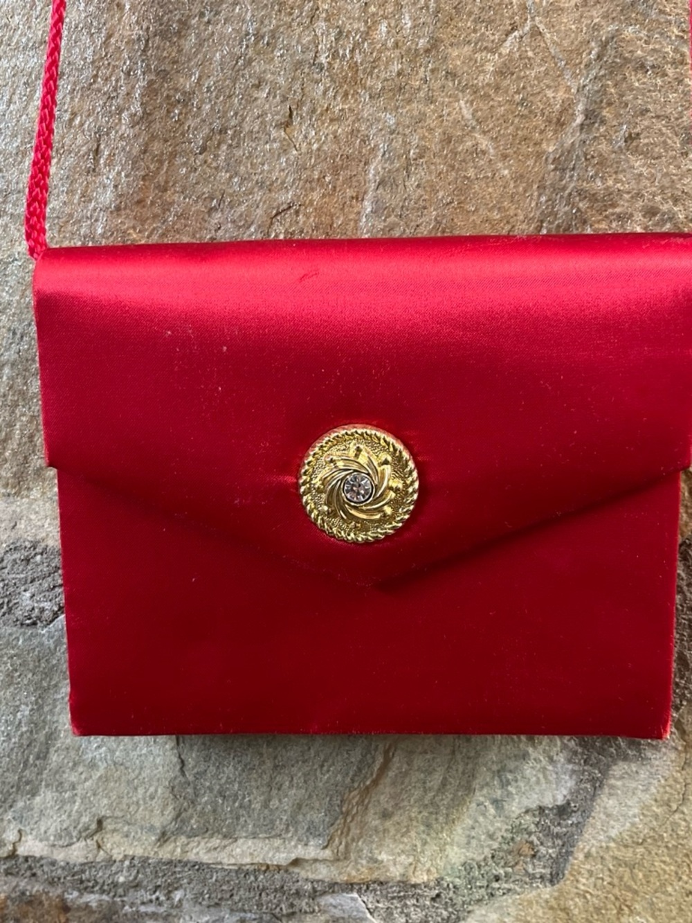 Vintage Red Satin Envelope Clutch with Gold Rhinestone Accent